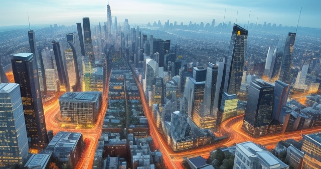a bustling cityscape with digital deliveries