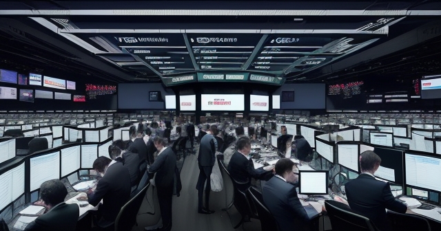A bustling Forex trading floor with traders engaged in quick deals.
