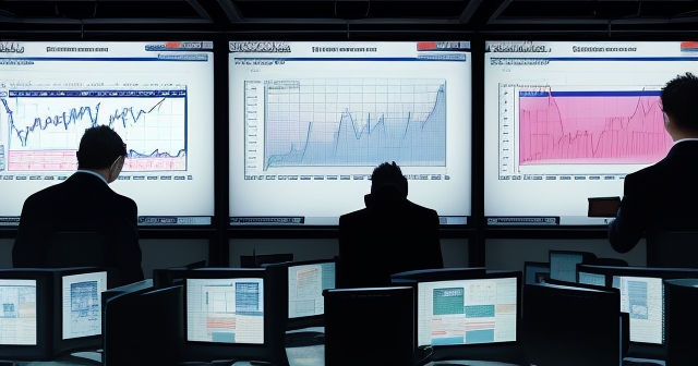 A busy trading floor filled with screens showing currency prices