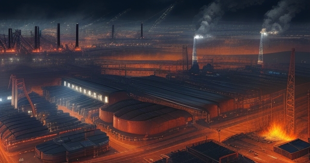 A graph showing fluctuating iron ore prices against a backdrop of steel production.