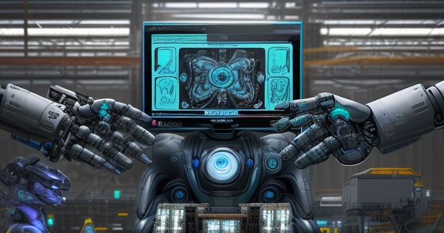 Futuristic robots collaborating in a warehouse