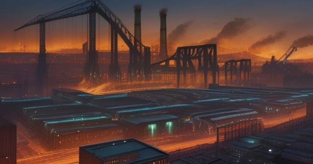 An illustrated landscape of iron ore mines with cranes and miners.