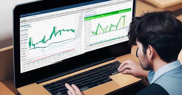 A modern office with multiple screens showing market trends