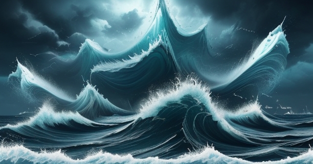 traders analyzing data on a turbulent ocean backdrop