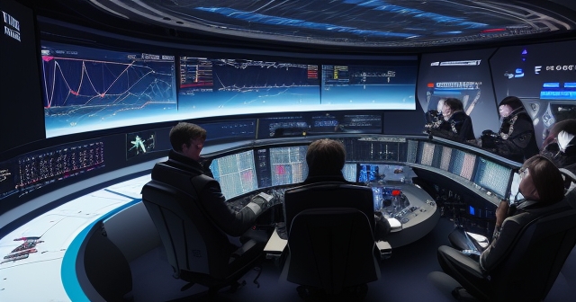 Investors analyzing stock trends in a futuristic control room