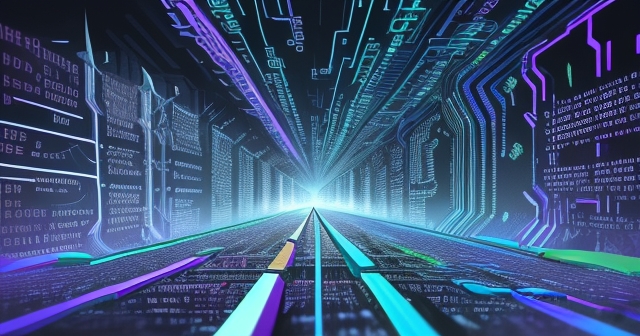 A digital ledger splitting into two paths