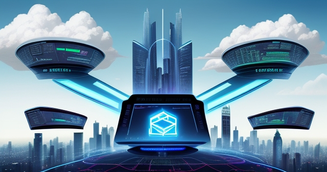 futuristic city skyline with cloud computing symbols