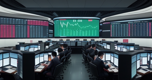 A bustling Hong Kong trading floor with digital screens showing the HK50 index