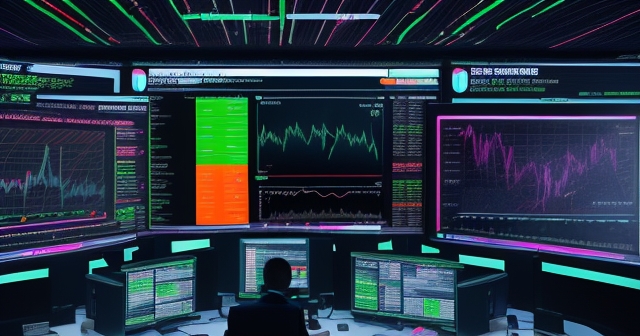 Futuristic trading floor with AI elements