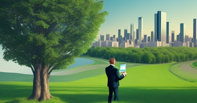 A green skyline equipped with wind turbines and solar panels