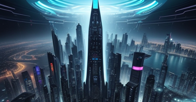 A futuristic city skyline with VR elements