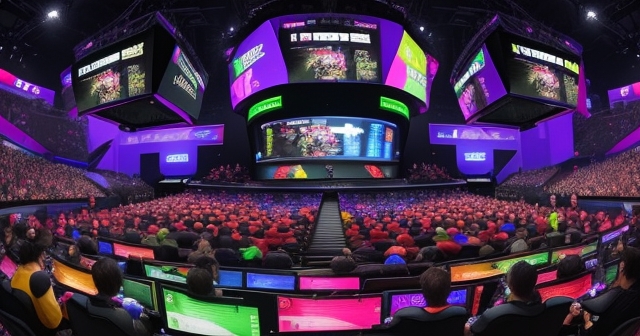 A bustling esports arena during a major tournament.