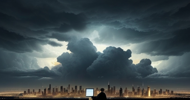 Storm clouds gathering over a city skyline