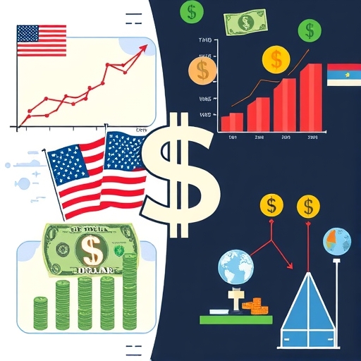 A conceptual illustration of the US Dollar with graphs showing tariffs and interest rates.