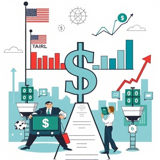 A visual metaphor of traders analyzing market dynamics, with the US Dollar and tariff icons.