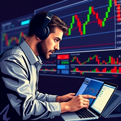A trader analyzing charts with quick price movements in the background.