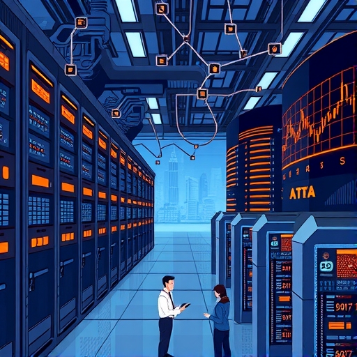 A bustling data center filled with powerful servers and glowing lights representing AI infrastructure.