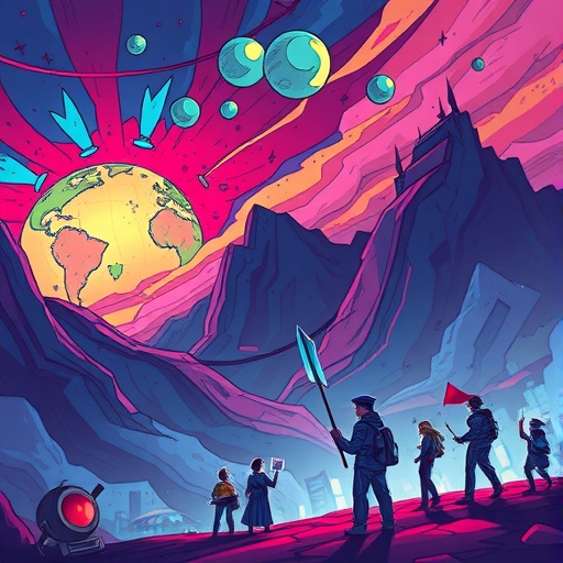 A futuristic gaming world balancing creativity and commerce, depicting harmony.