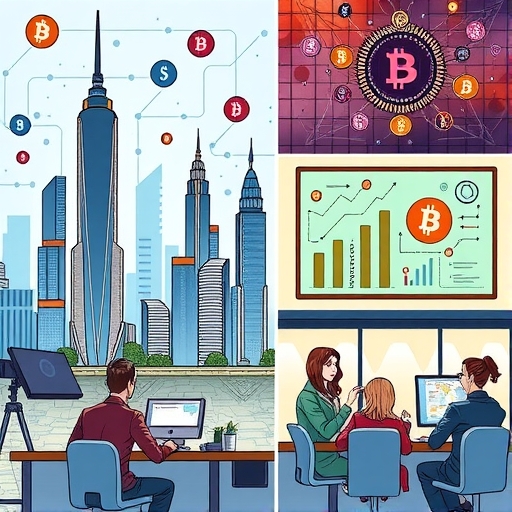 A diverse group of professionals collaborating on blockchain projects within a modern office space.