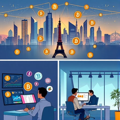 A futuristic city powered by blockchain technology, showcasing skyscrapers and digital networks.
