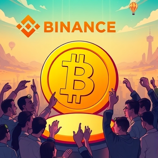 A vibrant digital landscape featuring the Binance logo and a prominent Bitcoin Button surrounded by excited users.