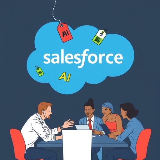 Illustration of a Salesforce logo with price tags and AI elements