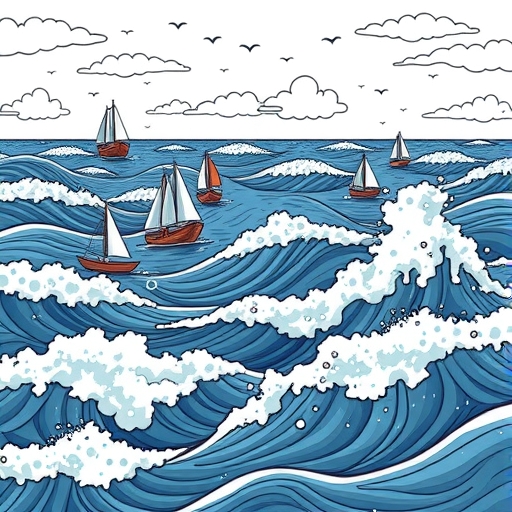 A vast ocean with small boats sailing amidst turbulent waves representing financial markets.