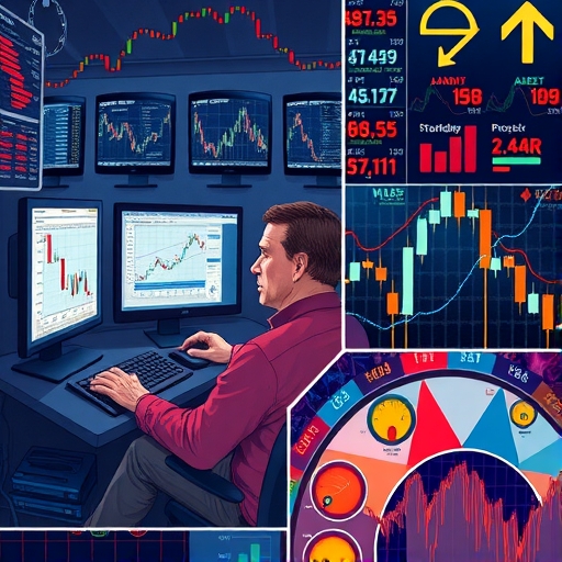 A detailed illustration of Dan Zanger analyzing stock charts late at night, surrounded by multiple screens displaying trading data.