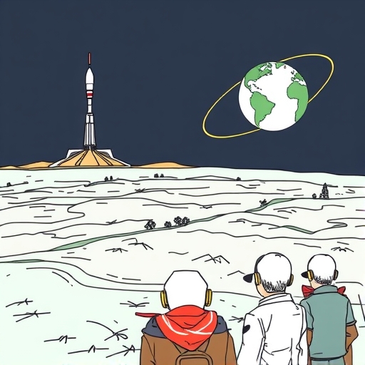 An illustration of the Sputnik I satellite orbiting Earth with a visible radio signal.