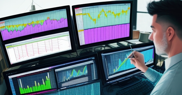 A vibrant market scene bustling with traders analyzing charts