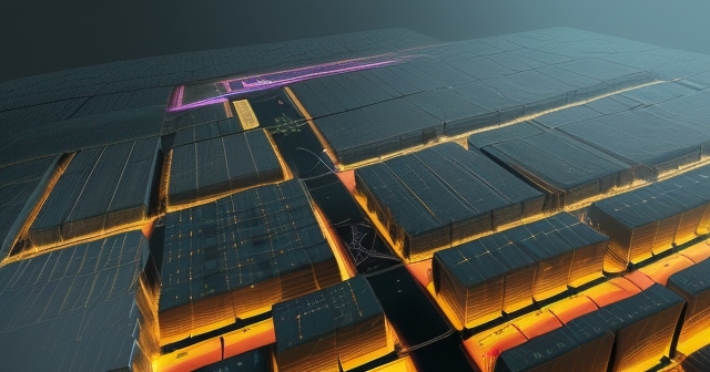 An illustration of Bitcoin mining servers in a wind farm setting