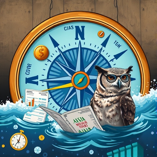 An illustration of a compass surrounded by financial symbols amid turbulent waters.
