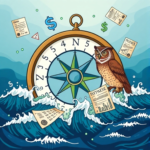 A wise owl with glasses analyzing economic graphs and policy documents.