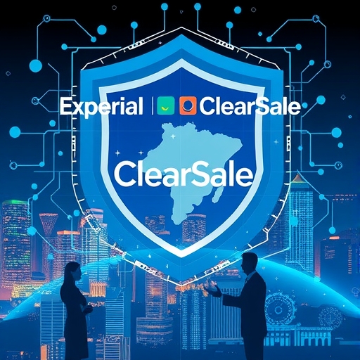 Two business professionals shaking hands in front of a futuristic financial technology backdrop.