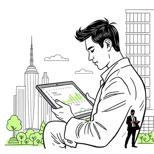 An investor analyzing ESG data on a digital tablet.
