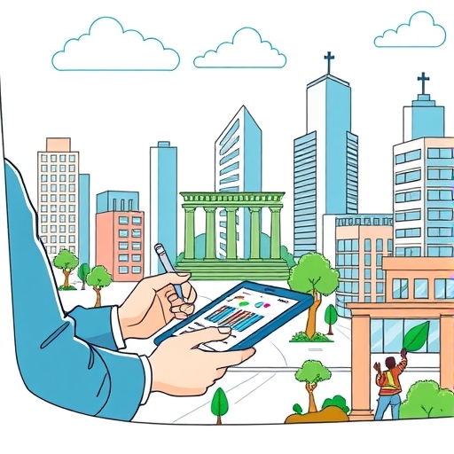 Modern urban landscape with green initiatives and diversity in workforce.