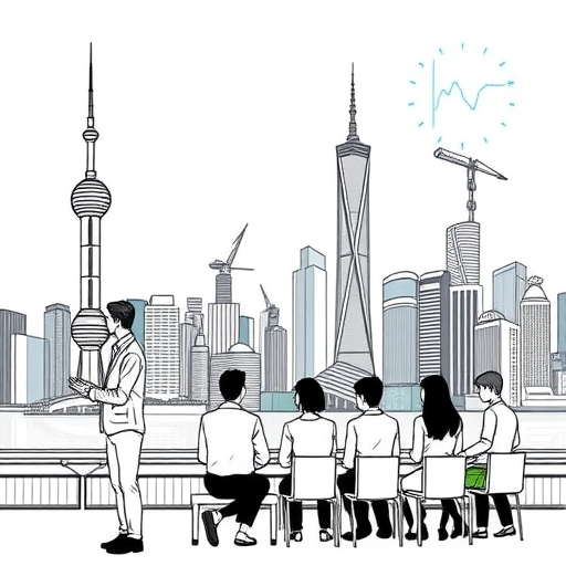 A modern skyline of Shanghai with tech symbols