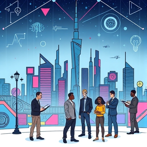 futuristic city skyline with tech symbols