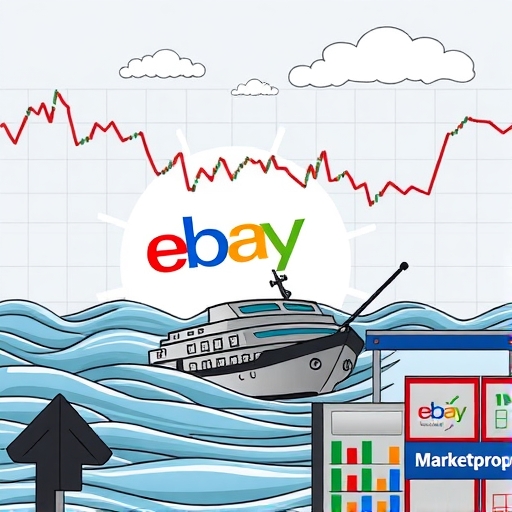 financial charts with downward trends and eBay logo