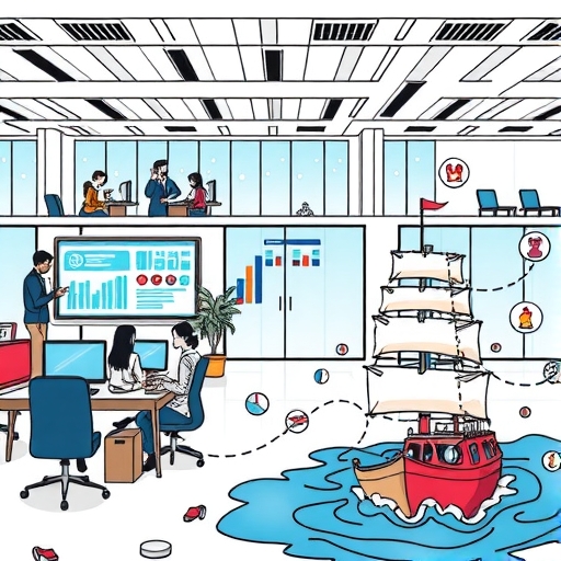 A visual metaphor of a ship navigating through stormy seas representing corporate challenges.