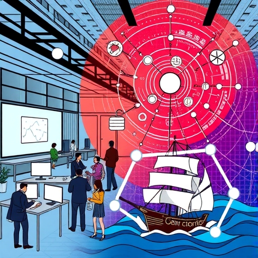 A futuristic office space with AI technology and diverse employees collaborating
