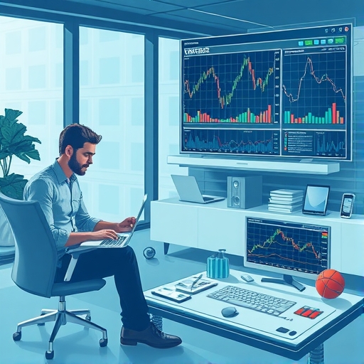 A futuristic stock trading platform with digital assets and global markets showcased.