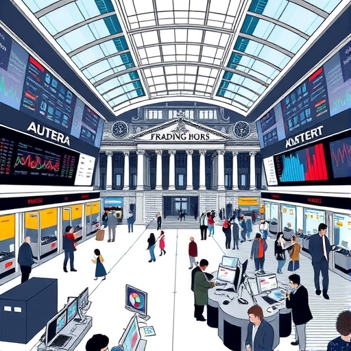 An artistic representation of traders analyzing market movements in a vibrant trading environment.