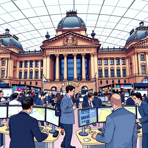 An illustration of the Frankfurt Stock Exchange bustling with activity during trading hours.