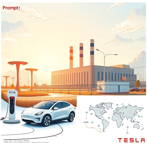 Tesla cars charging with lithium batteries in a futuristic city.