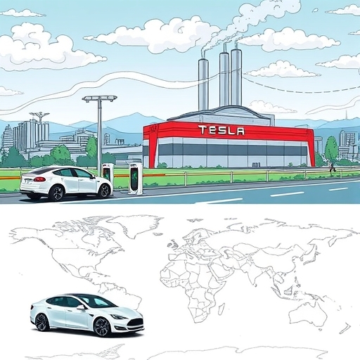 A giant lithium battery powering Tesla's Gigafactory in the background.