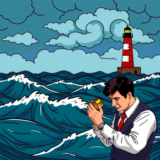 A stormy sea representing economic turmoil with dark clouds and waves.