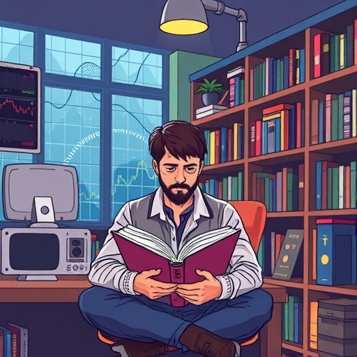 A trader reading a book on forex trading in a cozy library, surrounded by charts and graphs.