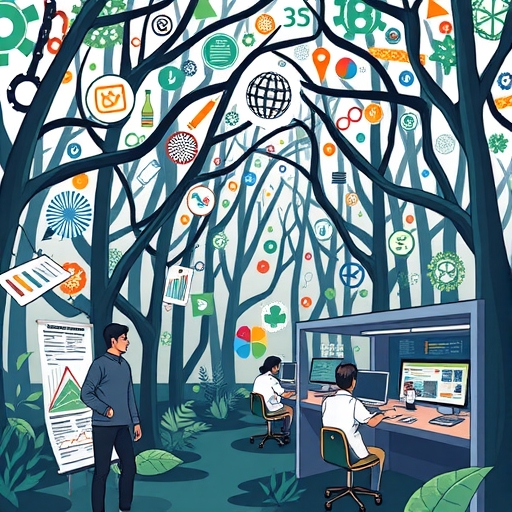 A person navigating through a dense forest filled with biotech symbols and research papers.