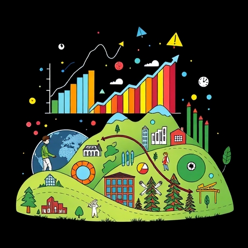 An illustration of a person navigating a financial landscape filled with investment icons.